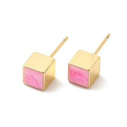 Pearl Pink Enamel Cube Stud Earrings, Real 18K Gold Plated Brass Jewelry for Women, Pearl Pink, 6x6mm, Pin: 0.8mm