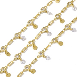 Real 18K Gold Plated Brass Rectangle & Cubic Zirconia Flat Round Link Chains, with Flat Round Charms, with Spool, Soldered, Long-Lasting Plated, Cadmium Free & Nickel Free & Lead Free, Real 18K Gold Plated, 8.5x6.5x2mm and 6x2x0.5mm