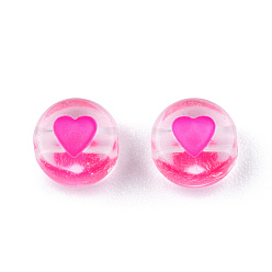 Deep Pink Transparent Acrylic Enamel Beads, Flat Round with Heart, Deep Pink, 7x4mm, Hole: 1.8mm, about 108000~111000pcs/15000g