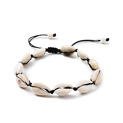 Noir Bracelet de cheville en perles tressées en coquillage naturel avec perles turquoise synthétiques, bracelet de cheville réglable en nylon tressé, noir, diamètre intérieur: 2-1/8~3-3/8 pouce (5.35~8.5 cm)