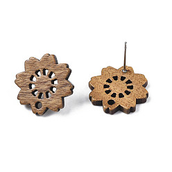 Tan Walnut Wood Stud Earring Findings, with 316 Stainless Steel Pin and Hole, Flower, Tan, 17.5x17.5mm, Hole: 1.8mm, Pin: 0.7mm