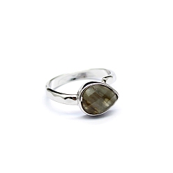 Labradorita Anillos abiertos con forma de lágrima de labradorita natural, anillo de latón platino, tamaño de EE. UU. 8 (18.1 mm)