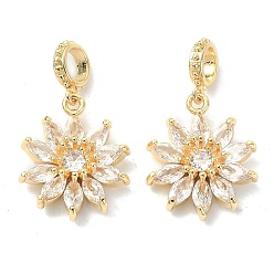 Real 18K Gold Plated Brass Pave Clear Cubic Zirconia European Dangle Charms, Large Hole Beads, Flower, Real 18K Gold Plated, 25mm, Flower: 17.5x15x6mm, Hole: 4mm