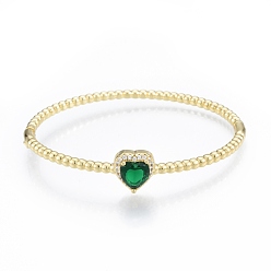 Verde Brazalete con corazón de circonitas cúbicas, joyas de latón chapado en oro real 18k para mujer, verde, diámetro interior: 2x2-3/8 pulgada (5x5.9 cm)