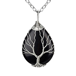 Agate Noire Collier pendentif en forme de larme d'agate noire naturelle, collier enroulé en fil de cuivre platine, 20.47 pouce (52 cm)