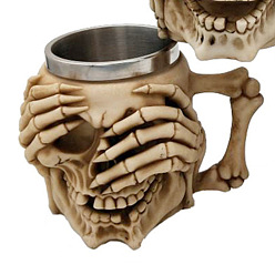 Beige Halloween 304 mug tête de mort en acier inoxydable, gobelet à bière squelette en résine, pour la décoration de la maison cadeau d'anniversaire, beige, 115x150x105mm, diamètre intérieur: 77 mm