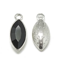 Black Alloy Glass Pendants, Faceted, Horse Eye, Platinum, Black, 20x9x5mm, Hole: 1.5mm