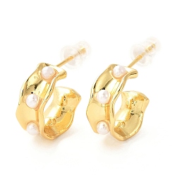 Real 18K Gold Plated Brass Dangle Stud Earrings, with Shell Pearls, Long-Lasting Plated, Ring, Real 18K Gold Plated, 15.5x14x6mm, Pin: 0.6mm