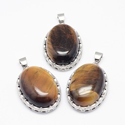 Tiger Eye Natural Tiger Eye Pendants, with Brass Findings, Oval, Platinum, 30x21x10~11mm, Hole: 6x4mm