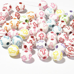 Colorful Plating Acrylic Beads, Round with Cross, Colorful, 8mm, 1800pcs/bag
