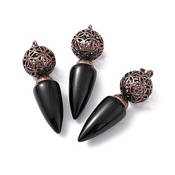 Obsidian Natural Obsidian Big Pendants, Cone Charms with Rack Plating Brass Hollow Ball, Red Copper, Cadmium Free & Lead Free, 57~58x17.5~18mm, Hole: 8x5mm