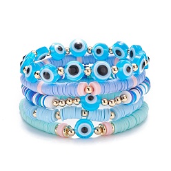 Bleu 5 pcs 5 ensemble de bracelets extensibles en perles heishi en argile polymère de style, bracelets preppy avec mauvais œil pour femme, bleu, diamètre intérieur: 2-1/4 pouce (5.8 cm)