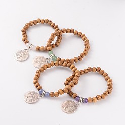 Mixed Stone Round Wood and Gemstone Beaded Stretch Charm Bracelets, with Flat Round with Tree of Life Tibetan Style Pendants, 58mm