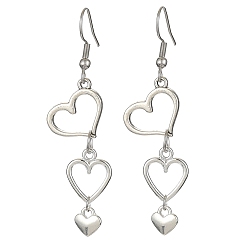 Antique Silver Tibetan Style Alloy Hollow Heart Dangle Earrings with 304 Stainless Steel Pins, Antique Silver, 58.5x14mm