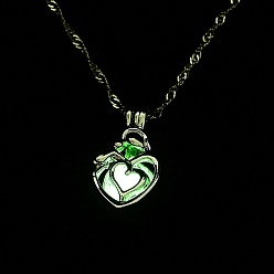 Lime Luminous Alloy Locket Heart Pendant Necklaces, Glow in the Dark, Lime, 18.35 inch(46.6cm)