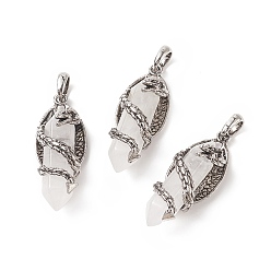 Quartz Crystal Natural Quartz Crystal Pointed Pendants, Rock Crystal Pendants, Faceted Bullet Charms with Antique Silver Tone Alloy Dragon Wrapped, 47.5x19x18.5mm, Hole: 7.5x6mm