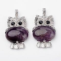 Amethyst Natural Amethyst Pendants, Owl, with Brass Findings, Platinum, Lead Free & Nickel Free, 45x25x8mm, Hole: 4x6mm