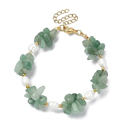 Green Aventurine Natural Green Aventurine Chips & Pearl Beaded Bracelet, with 304 Stainless Steel Clasps, 7-1/4 inch(18.5cm)