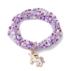Licorne Bracelet multi-brins de perles de graines de verre, bracelet extensible à breloques en alliage d'émail, licorne, 1-7/8 pouce (4.7 cm), pendentif: 19x23x1.5 mm