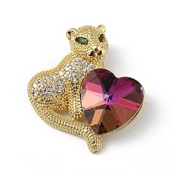 Fuchsia Real 18K Gold Plated Rack Plating Brass Micro Pave Clear Cubic Zirconia Pendants, with Glass, Long-Lasting Plated, Cadmium Free & Lead Free, Leopard with Heart Charm, Fuchsia, 24x22x8mm, Hole: 5x3mm
