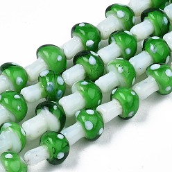 Lime Green Mushroom Handmade Lampwork Beads Strands, Lime Green, 12.5~14x10~11mm, Hole: 1.2~1.5mm, about 24~25pcs/strand, 12.20 inch~12.99 inch(31cm~33cm)