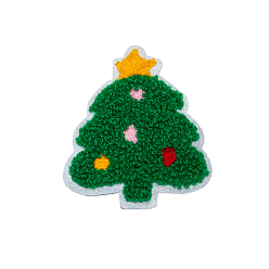 Árbol de Navidad Parches de tela bordada computarizada con tema navideño para planchar / coser, accesorios de vestuario, apliques, árbol de Navidad, 63x56 mm