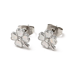 White Enamel Clover with Crystal Rhinestone Stud Earrings with 316 Surgical Stainless Steel Pins, Stainless Steel Color Plated 304 Stainless Steel Jewelry for Women, White, 8.5x7mm, Pin: 0.8mm