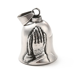 Others Tibetan Style 304 Stainless Steel Pendants, Guardian Bell Charm, Antique Silver, Praying Hands Pattern, 35x26mm, Hole: 9x6mm