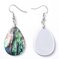 Platinum Abalone Shell/Paua Shell Dangle Earrings, with Brass Ice Pick Pinch Bails and Earring Hooks, Teardrop, Platinum, 53mm, Pin: 0.7mm
