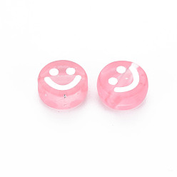 Pink Transparent Acrylic Beads, with Glitter Powder, Flat Round with White Enamel Smile Face, Pink, 10x5mm, Hole: 2mm, about 1450pcs/500g
