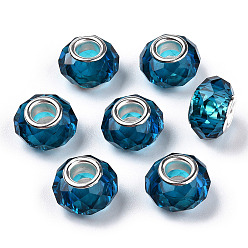 Dark Turquoise Handmade Glass European Beads, Large Hole Beads, Silver Color Brass Core, Dark Turquoise, 14x8mm, Hole: 5mm