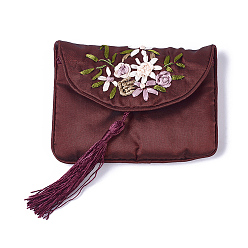 Dark Red Embroidery Cloth Zip Pouches, with Tassels and Stainless Steel Snap Button, Rectangle, Dark Red, 12x8.5cm