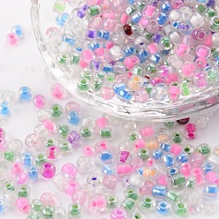 Couleur Mélangete Perles rondes en verre de graine, trou rond, intérieur couleurs, couleur mixte, 8/0, 3mm, Trou: 0.8mm, environ 10000 pcs / sachet 