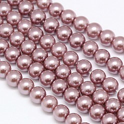 Rosada Marrón Hebras redondas de perlas de vidrio teñido ecológico, Grado A, cordón de algodón rosca, marrón rosado, 8 mm, agujero: 0.7~1.1 mm, sobre 52 unidades / cadena, 15 pulgada