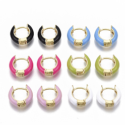 Mixed Color Brass Huggie Hoop Earrings, with Enamel, Real 18K Gold Plated, Mixed Color, 14x15x5mm, Pin: 1x1mm