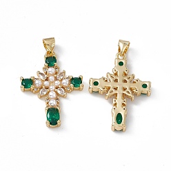 Green Rack Plating Brass Micro Pave Cubic Zirconia Pendants, with Plastic Imitation Pearl, Cadmium Free & Lead Free, Long-Lasting Plated, Real 18K Gold Plated, Religion Cross Charm, Green, 26.5x19x3.5mm, Hole: 3x5mm