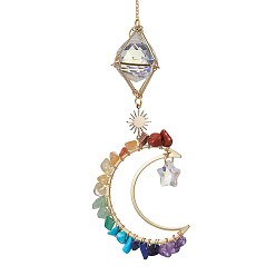 Mixed Stone Natural & Synthetic Gemstone Chip Pendant Decorations with Brass Moon & Cable Chain, Faceted Round Glass Crystal Ball & Star Prism Suncatchers, 280mm