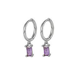 Lilac Platinum Rhodium Plated 925 Sterling Silver Dangle Hoop Earrings for Women, Rectangle, Lilac, 19.8mm
