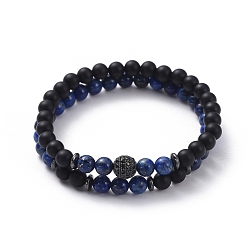 Lapis Lazuli Stretch Bracelet Sets, Bracelets with Natural Lapis Lazuli(Dyed) Beads, Non-Magnetic Synthetic Hematite Beads, Natural Black Agate(Dyed) Beads and Rack Plating Brass Cubic Zirconia Beads, 2-1/8 inch(53mm), 2pcs/set