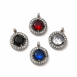 Mixed Color 304 Stainless Steel Cubic Zirconia Pendants, with Rhinestone, Flat Round Charms, Mixed Color, 13x10.5x4mm, Hole: 1.8mm