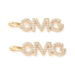 Real 18K Gold Plated Brass Micro Pave Clear Cubic Zirconia Pendants, Long-Lasting Plated, Lead Free & Cadmium Free & Nickel Free, OMG Word Shape, Real 18K Gold Plated, 29x7.5x2mm, Hole: 2.5x5mm