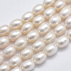 Beige Brins de perles de culture d'eau douce naturelles, ovale, beige, 8x6~7mm, Trou: 0.8mm, Environ 48 pcs/chapelet, 15 pouce (38 cm)
