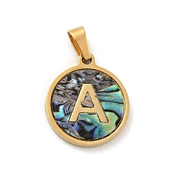 Letter A Vacuum Plating 304 Stainless Steel with Paua Shell Pendants, Golden, Flat Round with Letter Charm, Letter.A, 18x16x1.5mm, Hole: 3x6mm