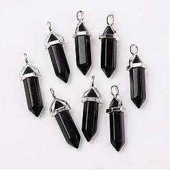 Black Bullet Imitation Jade Glass Pointed Pendants, with Alloy Findings, Black, 39x12mm, Hole: 3x4mm