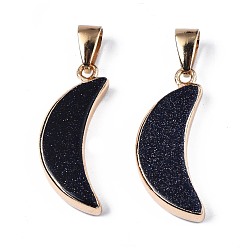 Blue Goldstone Synthetic Blue Goldstone Pendants, with Golden Brass Pinch Bail and Edge, Moon, 28x11~12x4mm, Hole: 7x4mm