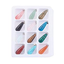 Mixed Color Gemstone Pendants, with Brass Clasps, Mixed Stone, teardrop, Mixed Color, 30x11mm, Hole: 6x2mm, 12pcs/box