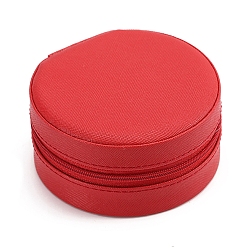 Roja Cajas redondas con cremallera para joyería de cuero pu, estuche organizador de joyas de viaje portátil, para los pendientes, Anillos, almacenamiento de collares, rojo, 10x5 cm