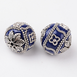 Medium Blue Round Handmade Indonesia Beads, with Rhinestones and Antique Silver Plated Alloy Cores, Medium Blue, 22x20mm, Hole: 2mm