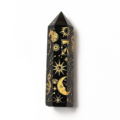 Oro Decoraciones de exhibición de hogar de obsidiana natural de torre de punto, prisma hexagonal con patrón de serpiente luna sol, oro, 20~22x23~25x80~90 mm