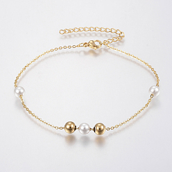 Golden Trendy 304 Stainless Steel Cable Chain Bracelets, with Acrylic Imitation Pearl Beads, Lobster Claw Clasps, Round, Golden, 8-5/8 inch(220mm), 1.5mm